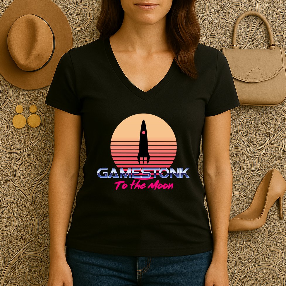 $GME Ticker Rocket Moon Gamestonk GME Gamestick Women's V-Neck T-Shirt