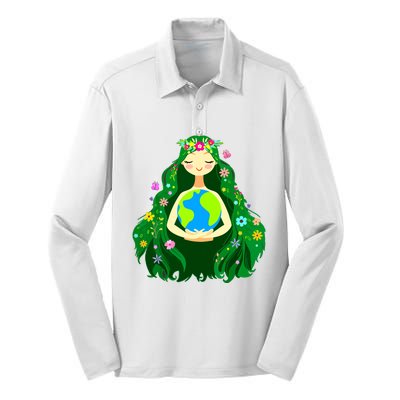 Green Mother Earth Day Gaia Save Our Planet Women Silk Touch Performance Long Sleeve Polo