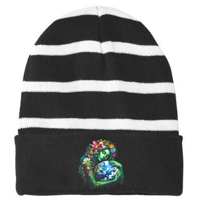 Green Mother Earth Day Gaia Save Our Planet Striped Beanie with Solid Band