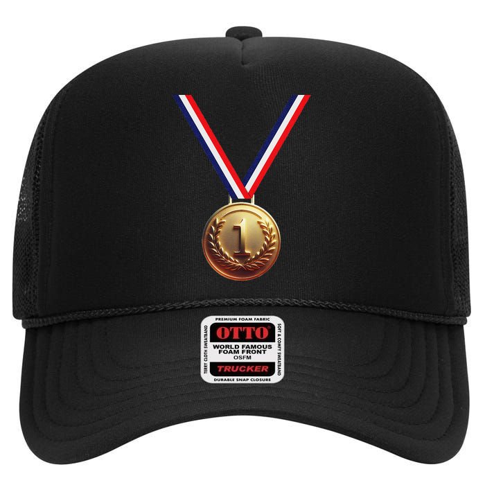 Golden Medal For Winners School Team And Champions High Crown Mesh Back Trucker Hat