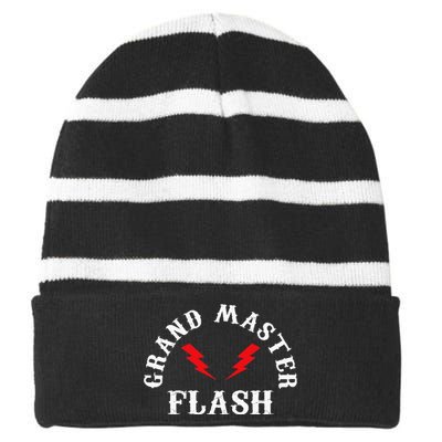 Grand Master Flash Lighting Fast White Text Striped Beanie with Solid Band