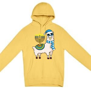 Glowing Menorah Hanukkah Llama Cute Alpaca Chanukah Premium Pullover Hoodie