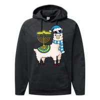 Glowing Menorah Hanukkah Llama Cute Alpaca Chanukah Performance Fleece Hoodie