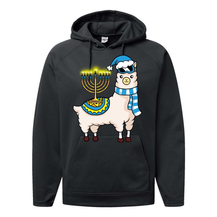 Glowing Menorah Hanukkah Llama Cute Alpaca Chanukah Performance Fleece Hoodie