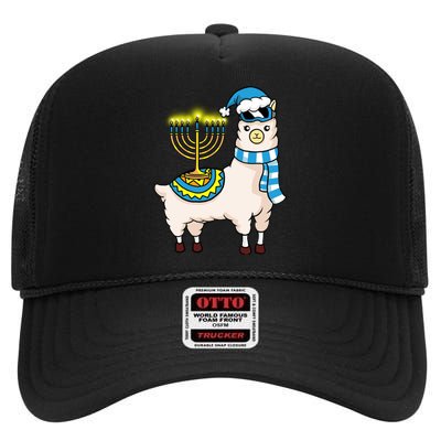 Glowing Menorah Hanukkah Llama Cute Alpaca Chanukah High Crown Mesh Back Trucker Hat