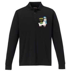 Glowing Menorah Hanukkah Llama Cute Alpaca Chanukah Performance Long Sleeve Polo