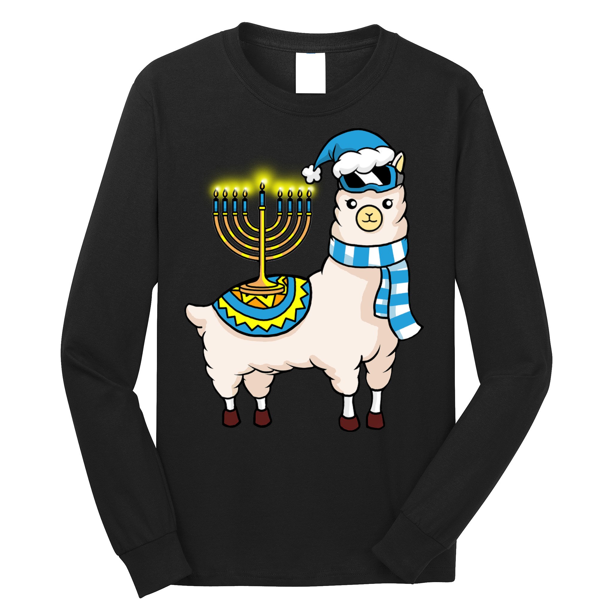 Glowing Menorah Hanukkah Llama Cute Alpaca Chanukah Long Sleeve Shirt