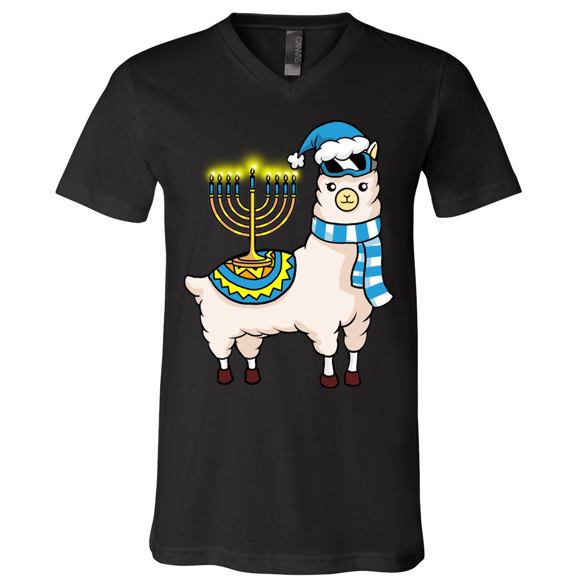 Glowing Menorah Hanukkah Llama Cute Alpaca Chanukah V-Neck T-Shirt
