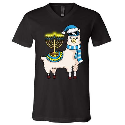 Glowing Menorah Hanukkah Llama Cute Alpaca Chanukah V-Neck T-Shirt