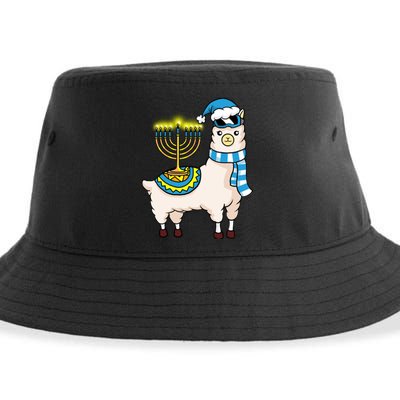 Glowing Menorah Hanukkah Llama Cute Alpaca Chanukah Sustainable Bucket Hat