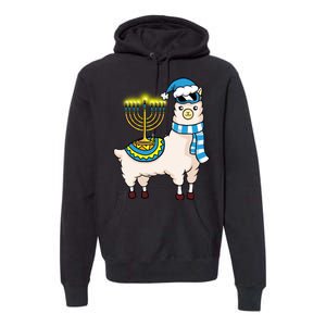 Glowing Menorah Hanukkah Llama Cute Alpaca Chanukah Premium Hoodie