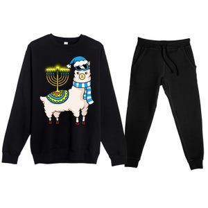 Glowing Menorah Hanukkah Llama Cute Alpaca Chanukah Premium Crewneck Sweatsuit Set