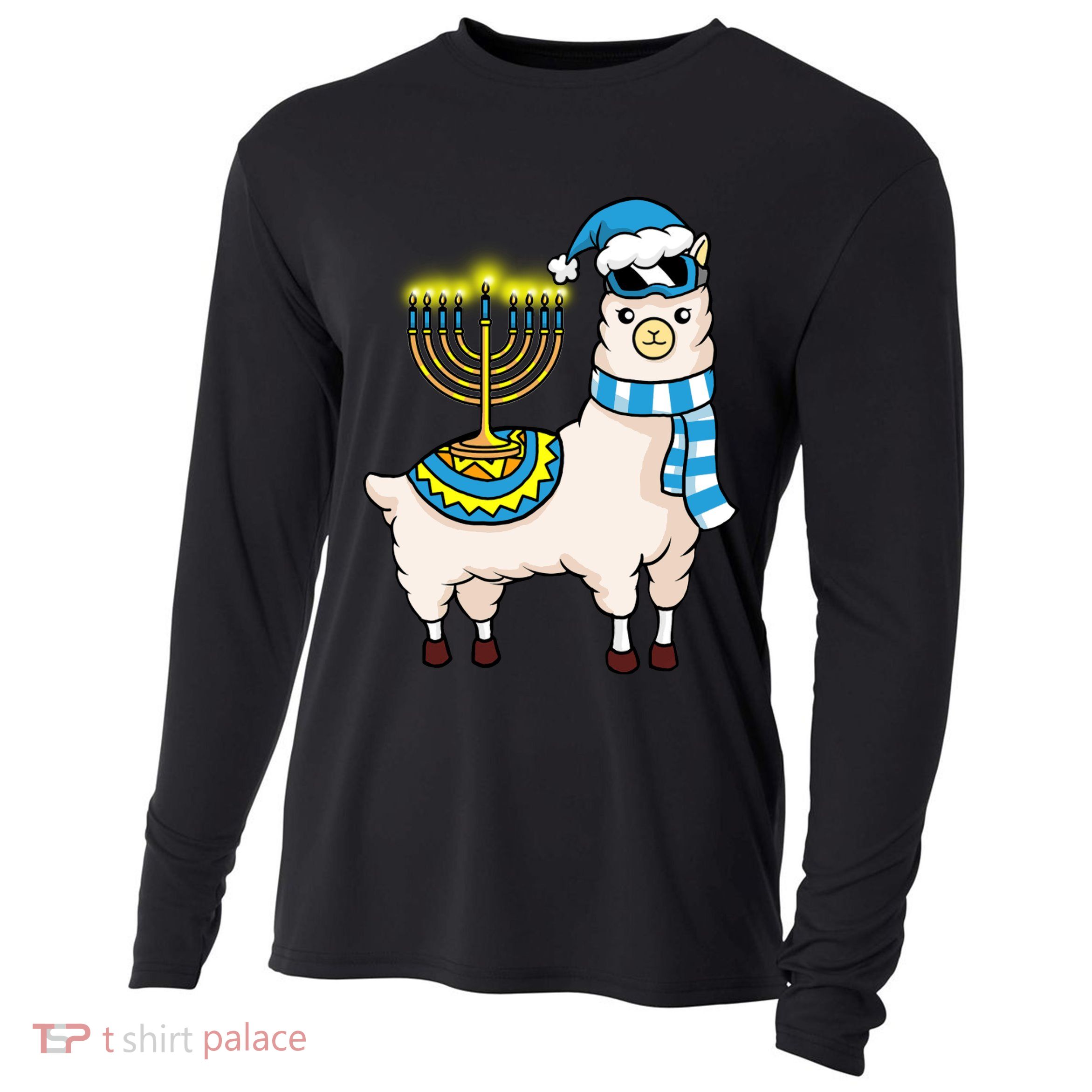 Glowing Menorah Hanukkah Llama Cute Alpaca Chanukah Cooling Performance Long Sleeve Crew