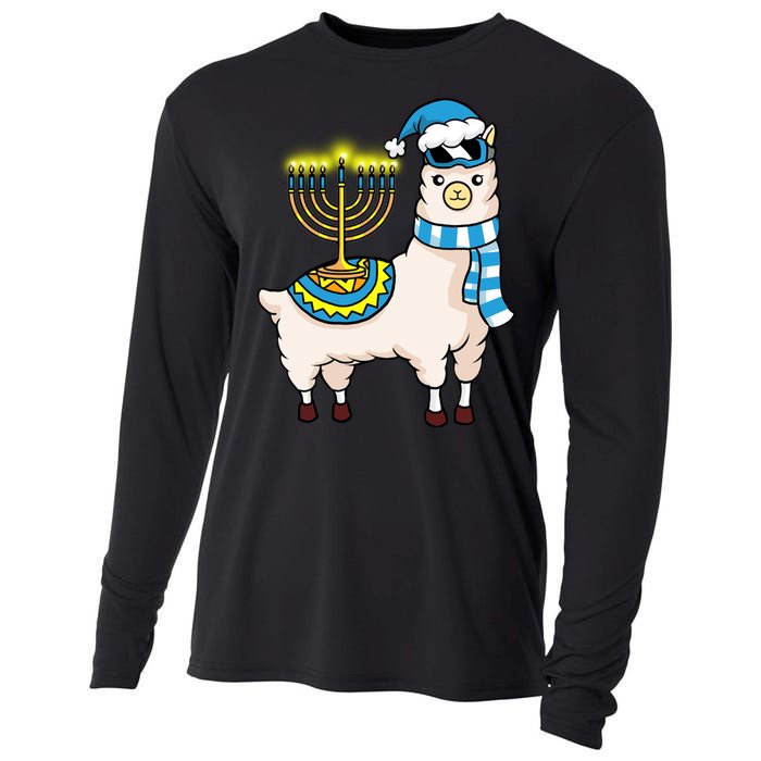 Glowing Menorah Hanukkah Llama Cute Alpaca Chanukah Cooling Performance Long Sleeve Crew