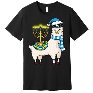 Glowing Menorah Hanukkah Llama Cute Alpaca Chanukah Premium T-Shirt