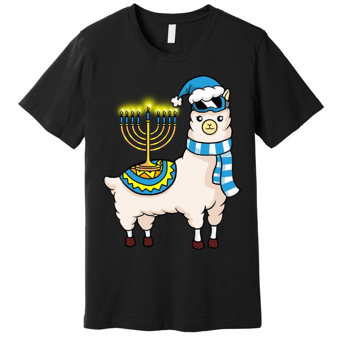 Glowing Menorah Hanukkah Llama Cute Alpaca Chanukah Premium T-Shirt
