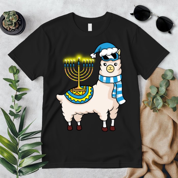 Glowing Menorah Hanukkah Llama Cute Alpaca Chanukah Premium T-Shirt