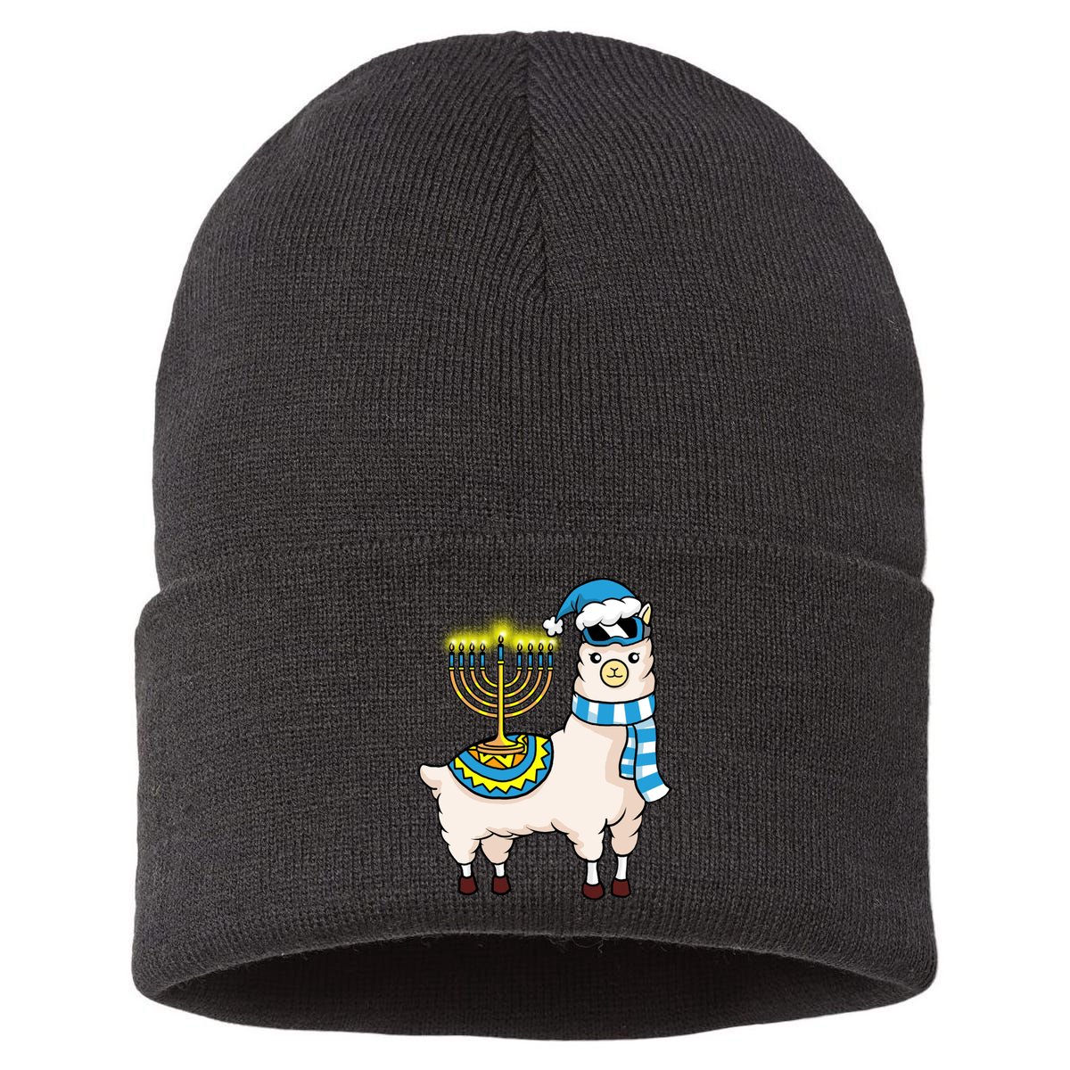 Glowing Menorah Hanukkah Llama Cute Alpaca Chanukah Sustainable Knit Beanie