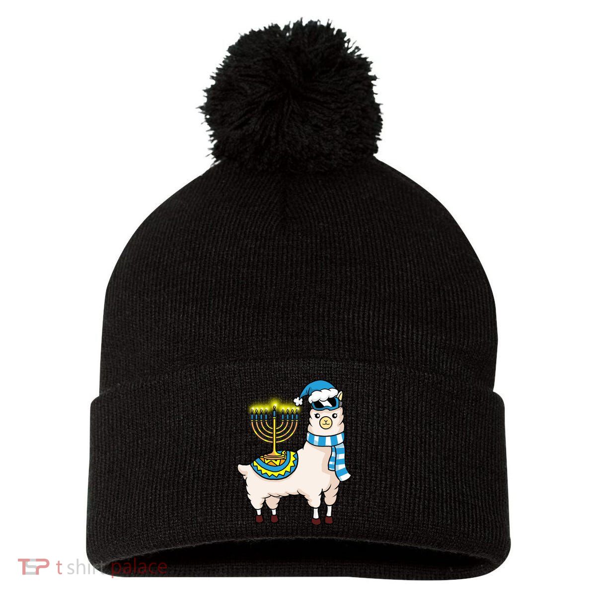 Glowing Menorah Hanukkah Llama Cute Alpaca Chanukah Pom Pom 12in Knit Beanie