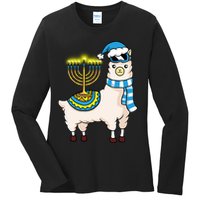 Glowing Menorah Hanukkah Llama Cute Alpaca Chanukah Ladies Long Sleeve Shirt
