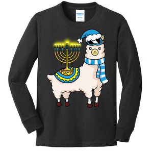 Glowing Menorah Hanukkah Llama Cute Alpaca Chanukah Kids Long Sleeve Shirt