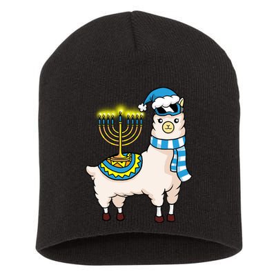 Glowing Menorah Hanukkah Llama Cute Alpaca Chanukah Short Acrylic Beanie