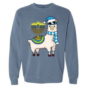 Glowing Menorah Hanukkah Llama Cute Alpaca Chanukah Garment-Dyed Sweatshirt