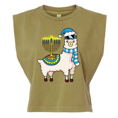 Glowing Menorah Hanukkah Llama Cute Alpaca Chanukah Garment-Dyed Women's Muscle Tee