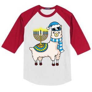 Glowing Menorah Hanukkah Llama Cute Alpaca Chanukah Kids Colorblock Raglan Jersey