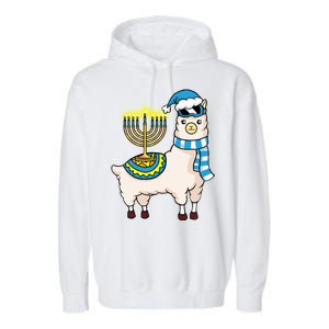 Glowing Menorah Hanukkah Llama Cute Alpaca Chanukah Garment-Dyed Fleece Hoodie