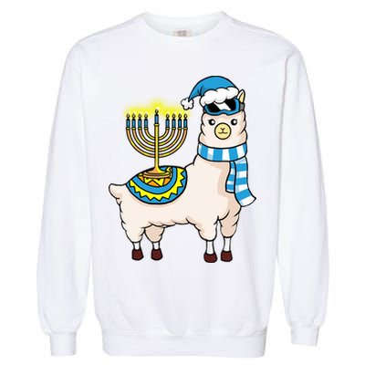 Glowing Menorah Hanukkah Llama Cute Alpaca Chanukah Garment-Dyed Sweatshirt