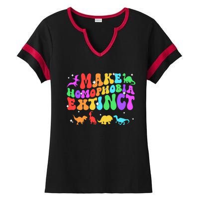 Groovy Make Homophobia Extinct Pride Lgbt Rainbow Dinosaur Gift Ladies Halftime Notch Neck Tee