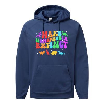 Groovy Make Homophobia Extinct Pride Lgbt Rainbow Dinosaur Gift Performance Fleece Hoodie