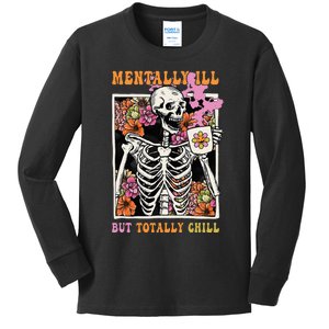 Groovy Mentally Ill But Totally Chill Halloween Skeleton Kids Long Sleeve Shirt