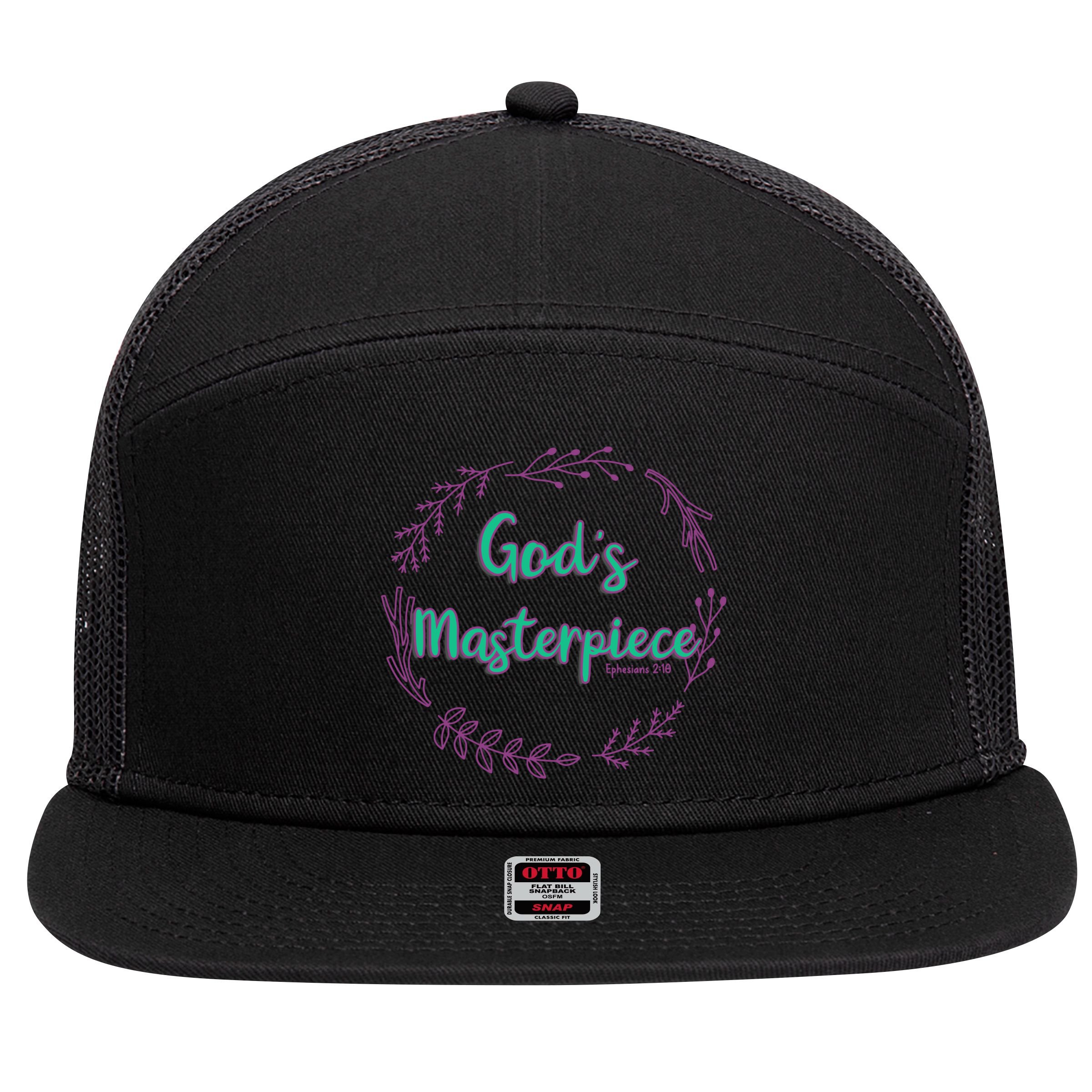 God's Masterpiece In Wreath Leaves Gift 7 Panel Mesh Trucker Snapback Hat