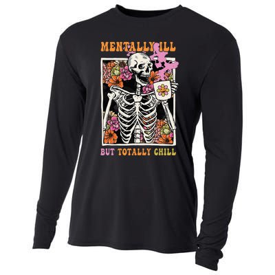 Groovy Mentally Ill But Totally Chill Halloween Skeleton Cooling Performance Long Sleeve Crew