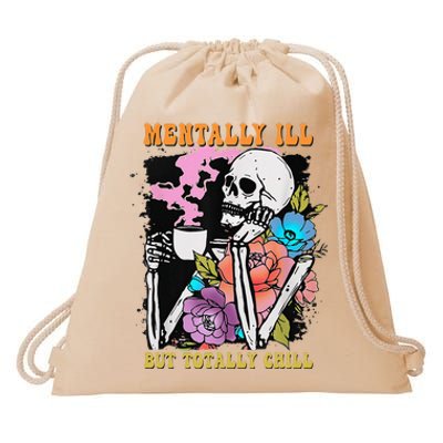 Groovy Mentally Ill But Totally Chill Halloween Skeleton Drawstring Bag