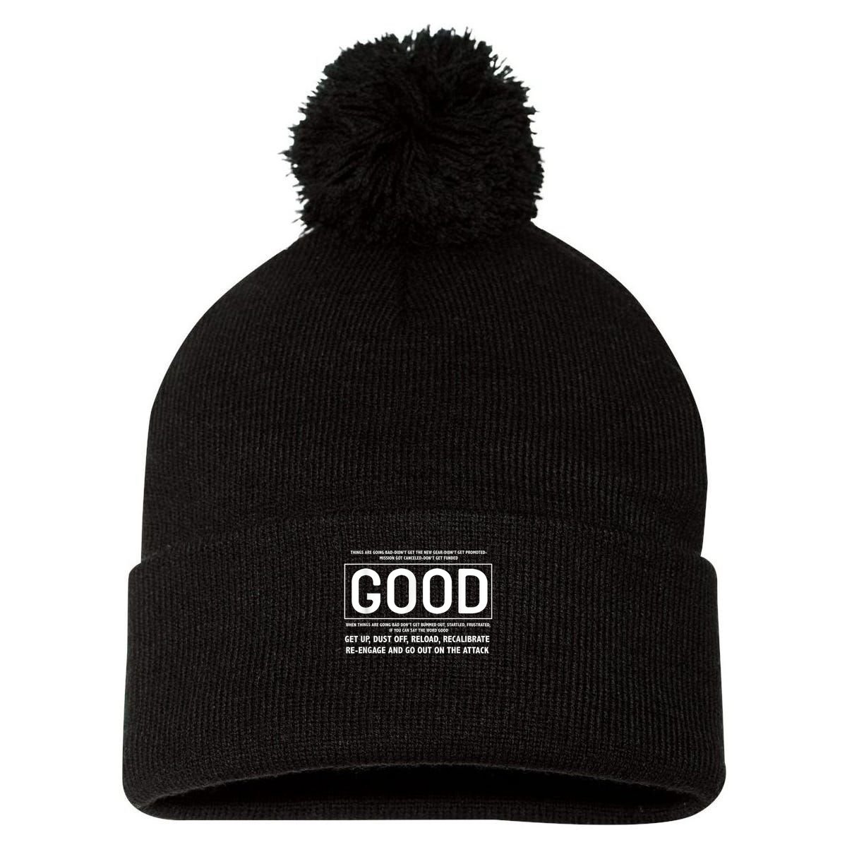 GOOD Motivational Jocko Quote Pom Pom 12in Knit Beanie