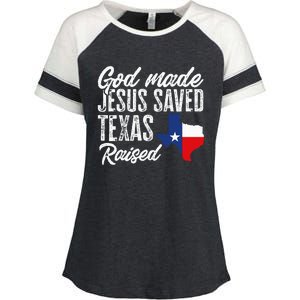 God Made Jesus Saved Texas Raised State Enza Ladies Jersey Colorblock Tee