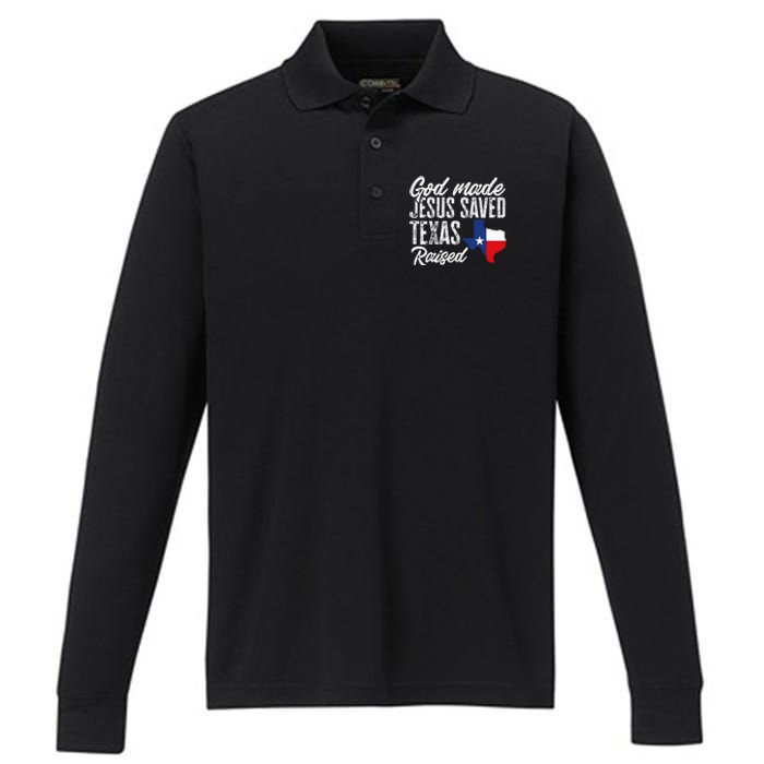 God Made Jesus Saved Texas Raised Texas Pride State Performance Long Sleeve Polo