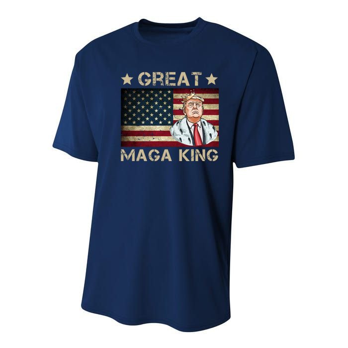 Great Maga King Trump USA Flag Youth Performance Sprint T-Shirt