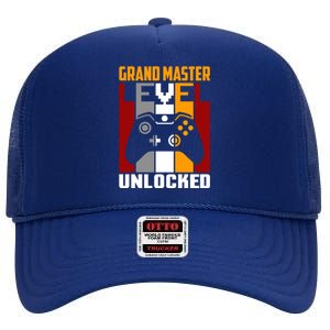 Grand Master Level Unlocked Video Gaming Expert Gamer Funny Gift High Crown Mesh Back Trucker Hat