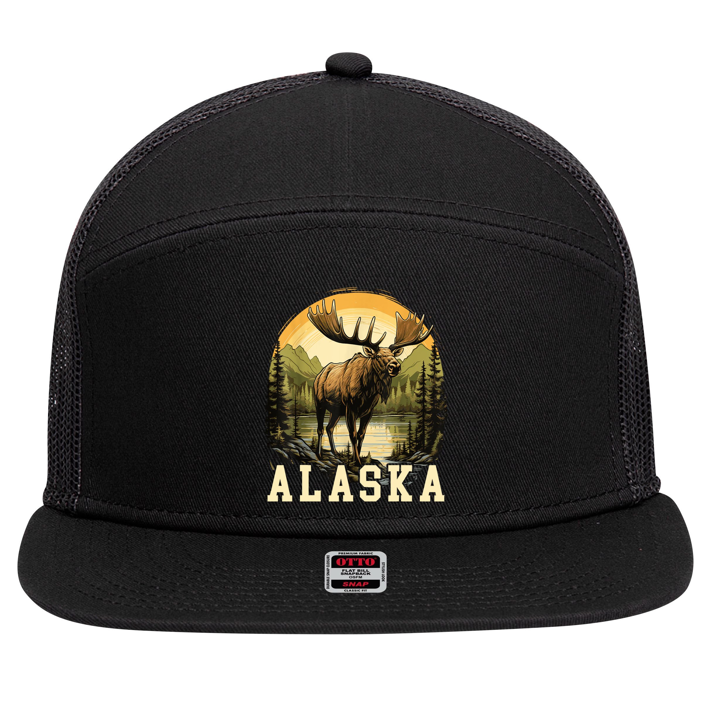 Glacier Mountain Landscape Alaskan Wildlife Alaska Moose 7 Panel Mesh Trucker Snapback Hat