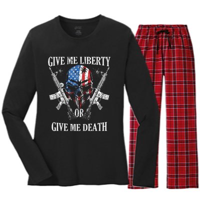 Give Me Liberty Or Give Me Death Skull Ar15 American Flag Women's Long Sleeve Flannel Pajama Set 