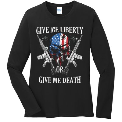 Give Me Liberty Or Give Me Death Skull Ar15 American Flag Ladies Long Sleeve Shirt