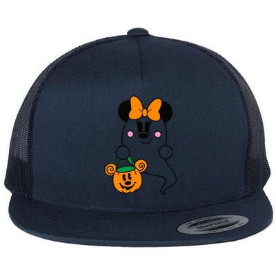 Ghost Minnie Mouse Halloween Trick Or Treat Halloween Flat Bill Trucker Hat