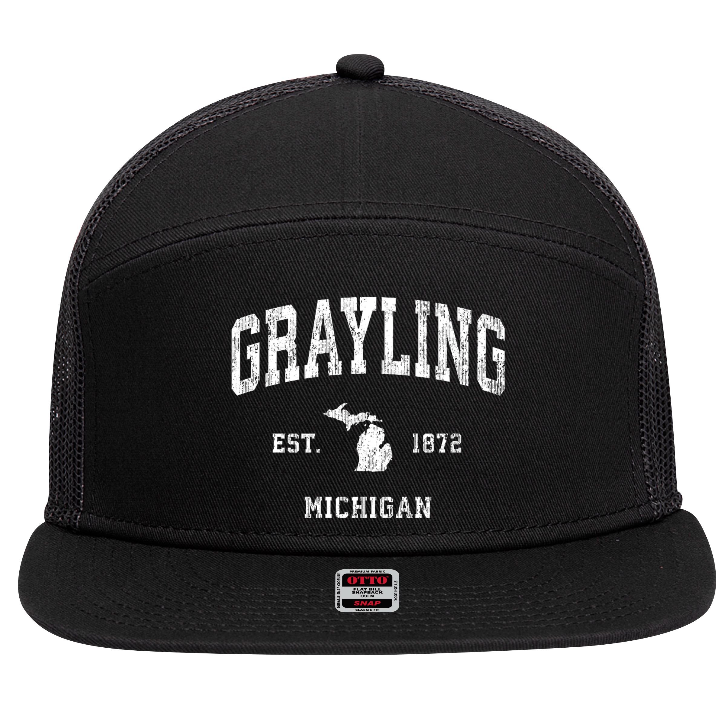 Grayling Michigan Mi Vintage Athletic Sports 7 Panel Mesh Trucker Snapback Hat