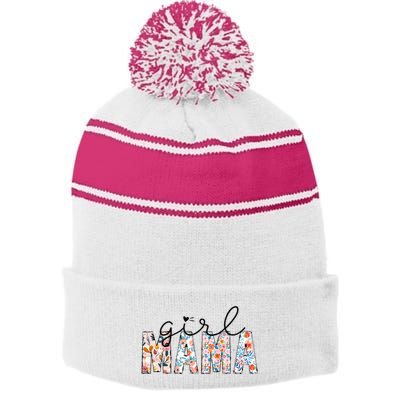 Girl Mama Mom Floral Mothers Funny Vintage Stripe Pom Pom Beanie