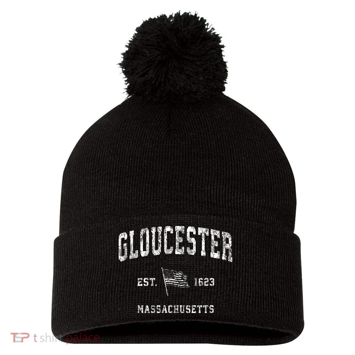 Gloucester Massachusetts Ma Vintage Us Flag Pom Pom 12in Knit Beanie