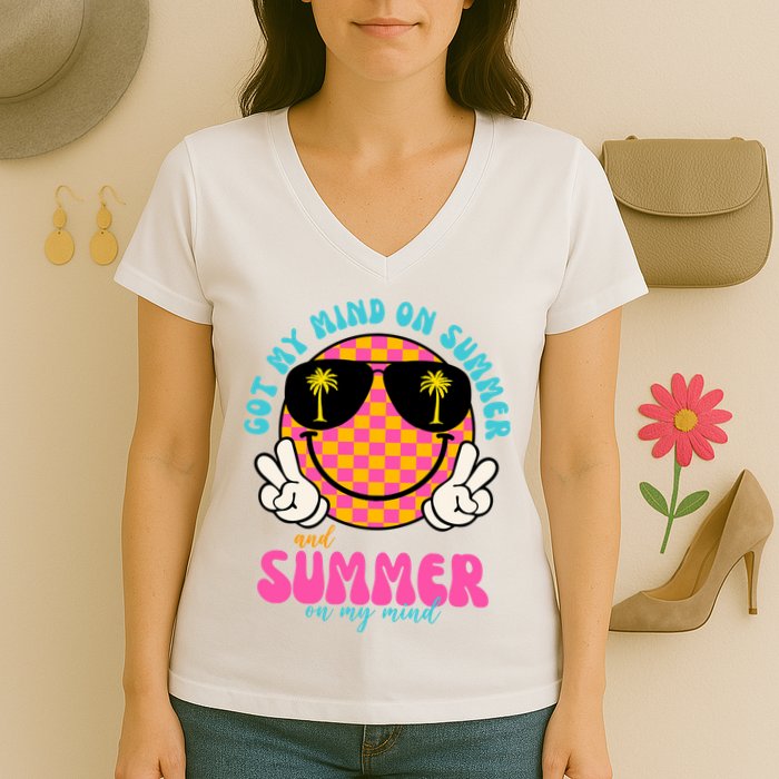 Got My Mind On Summer And Summer On My Mind Peace Smile Women's V-Neck T-Shirt